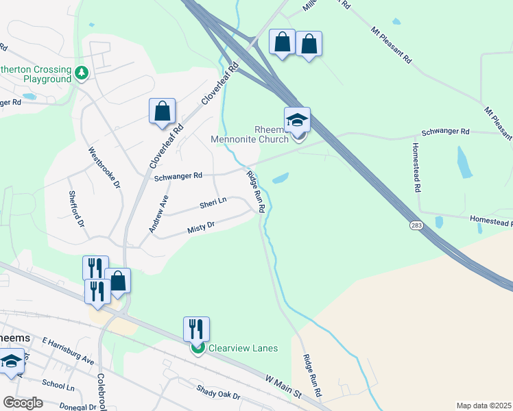 map of restaurants, bars, coffee shops, grocery stores, and more near 2103 Sheri Lane in Mount Joy