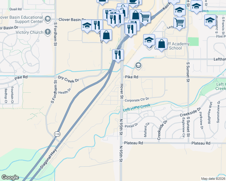 map of restaurants, bars, coffee shops, grocery stores, and more near 2327 Pike Road in Longmont