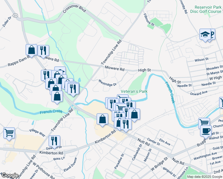 map of restaurants, bars, coffee shops, grocery stores, and more near 385 Westridge Circle in Phoenixville