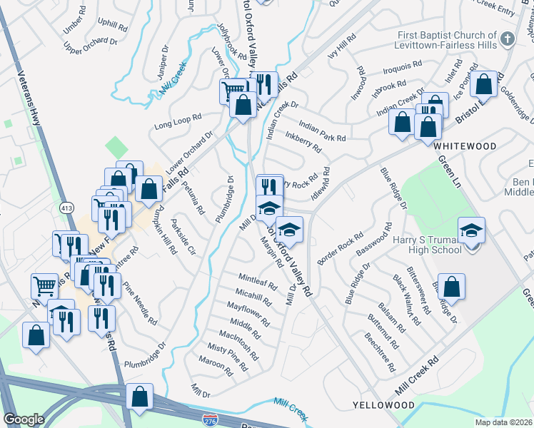 map of restaurants, bars, coffee shops, grocery stores, and more near 2 Idlewild Road in Levittown