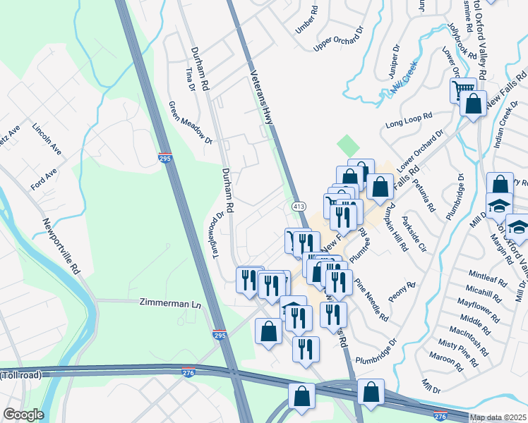 map of restaurants, bars, coffee shops, grocery stores, and more near 2130 Veterans Highway in Levittown
