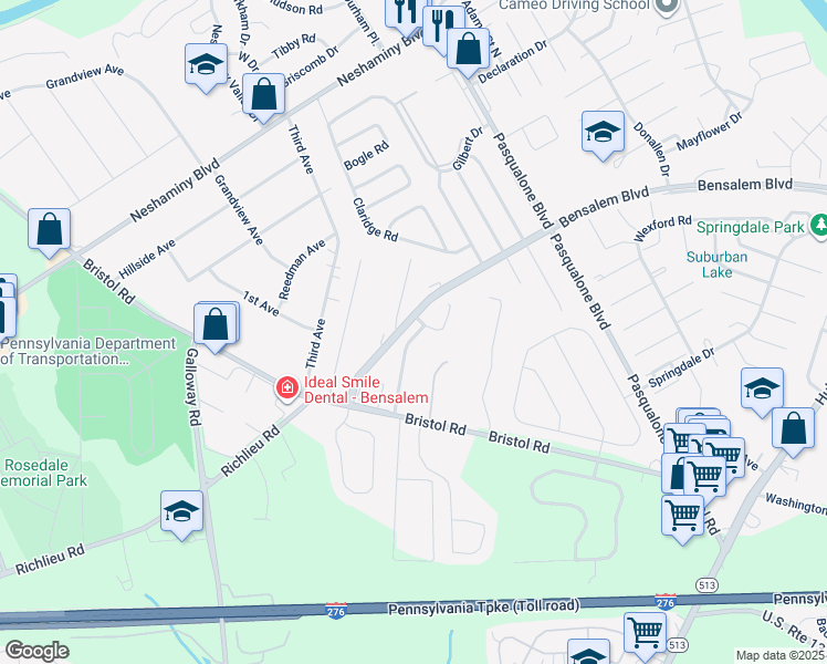 map of restaurants, bars, coffee shops, grocery stores, and more near 4542 Rosemarie Drive in Bensalem