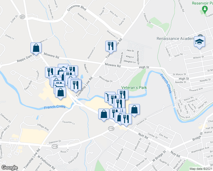 map of restaurants, bars, coffee shops, grocery stores, and more near 300 Westridge Circle in Phoenixville