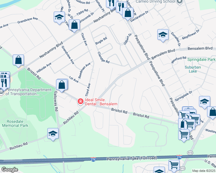 map of restaurants, bars, coffee shops, grocery stores, and more near 4710 Chelsea Court in Bensalem