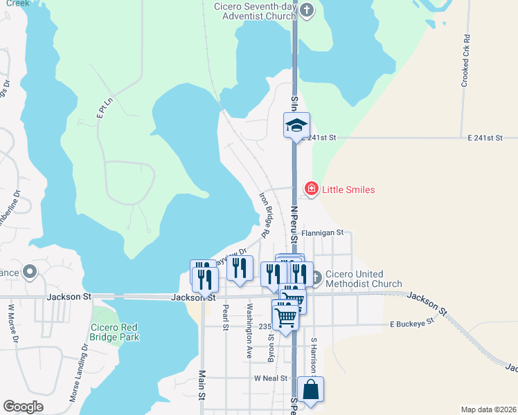 map of restaurants, bars, coffee shops, grocery stores, and more near 500 Iron Bridge Road in Cicero
