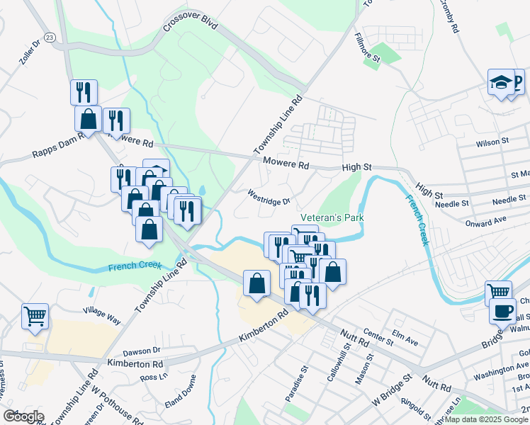 map of restaurants, bars, coffee shops, grocery stores, and more near 306 Westridge Circle in Phoenixville