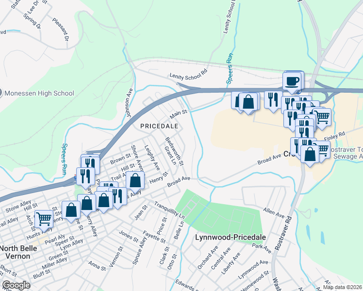 map of restaurants, bars, coffee shops, grocery stores, and more near 304 Ohio Street in Belle Vernon