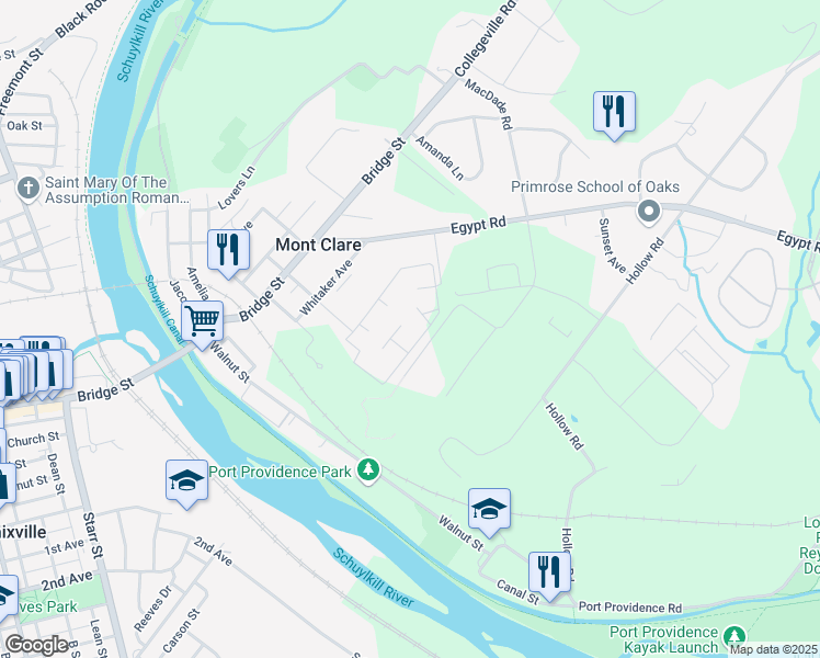 map of restaurants, bars, coffee shops, grocery stores, and more near 1006 Meadowview Lane in Mont Clare