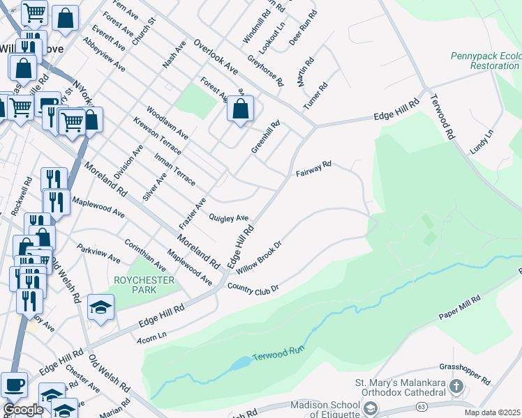 map of restaurants, bars, coffee shops, grocery stores, and more near 2166 Edgehill Drive in Furlong