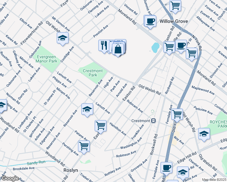 map of restaurants, bars, coffee shops, grocery stores, and more near 1715 Park Avenue in Willow Grove