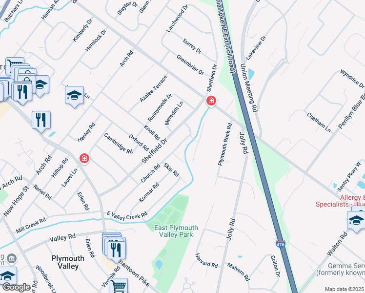 map of restaurants, bars, coffee shops, grocery stores, and more near 58 Church Road in Plymouth Meeting
