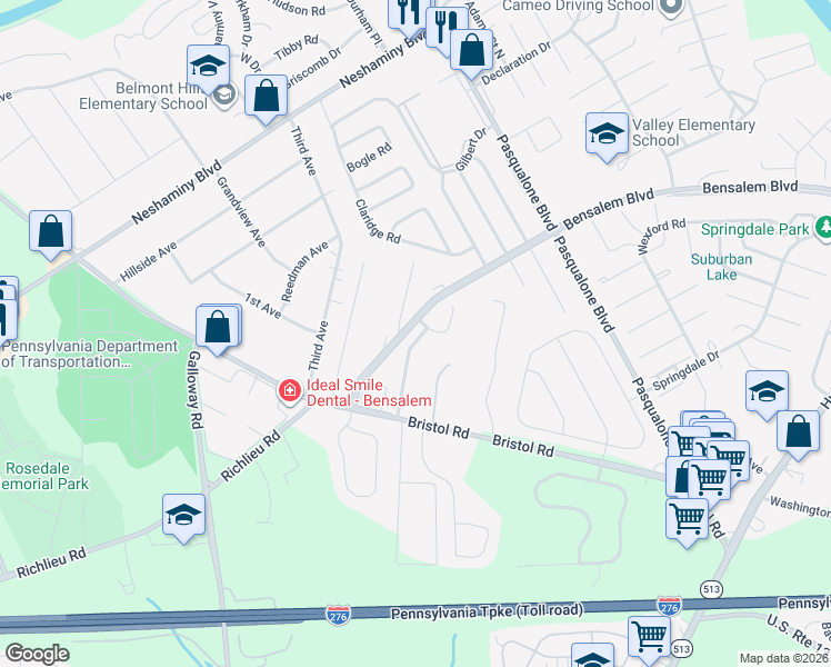 map of restaurants, bars, coffee shops, grocery stores, and more near 4914 Oxford Court in Bensalem