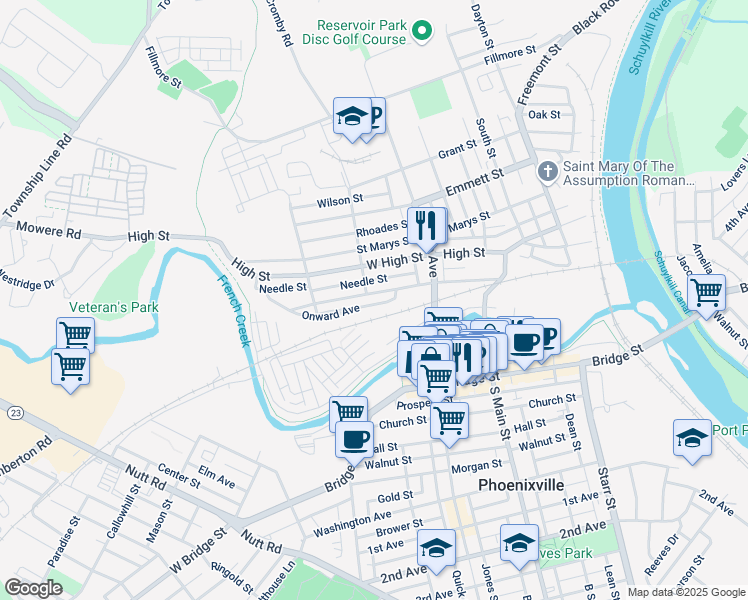 map of restaurants, bars, coffee shops, grocery stores, and more near 491 Onward Avenue in Phoenixville