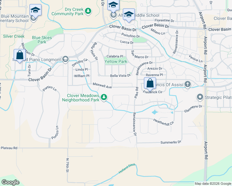map of restaurants, bars, coffee shops, grocery stores, and more near 4529 Maxwell Avenue in Longmont
