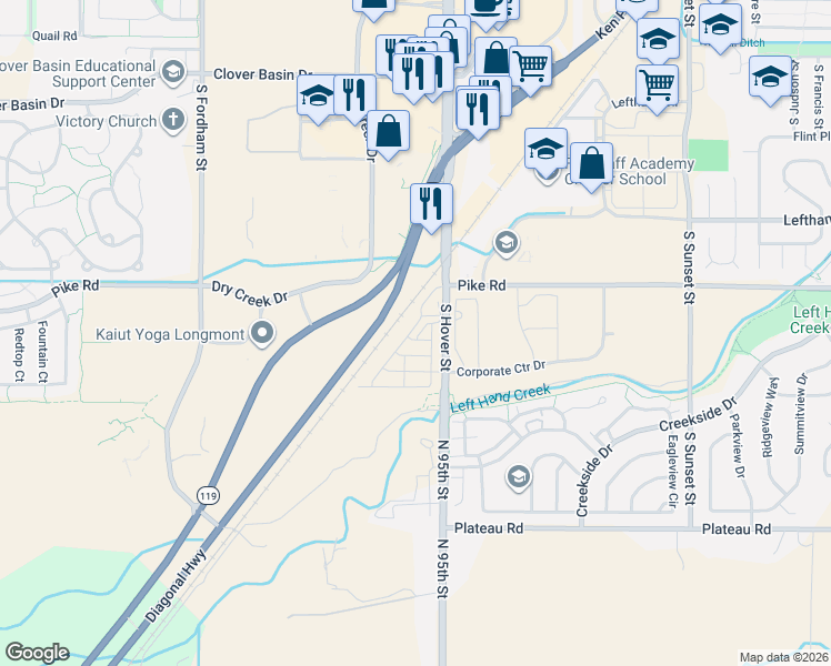 map of restaurants, bars, coffee shops, grocery stores, and more near 1901 South Hover Road in Longmont