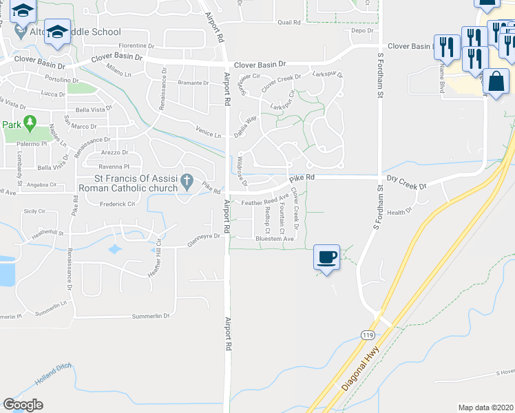 map of restaurants, bars, coffee shops, grocery stores, and more near 3514 Feather Reed Avenue in Longmont