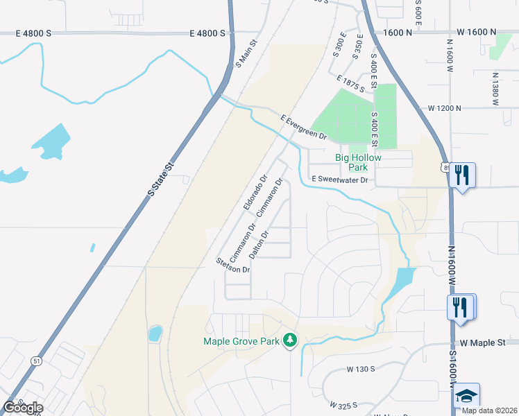 map of restaurants, bars, coffee shops, grocery stores, and more near 2414 Eldorado Drive in Springville