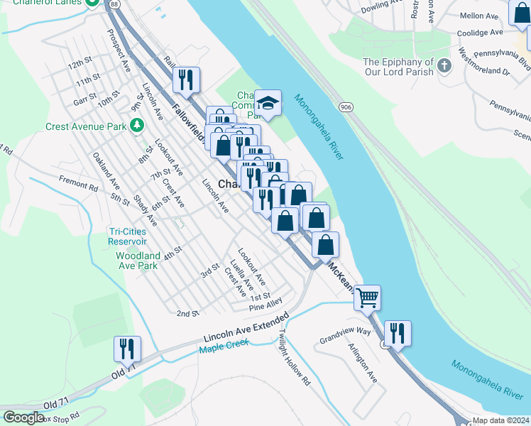map of restaurants, bars, coffee shops, grocery stores, and more near in Charleroi