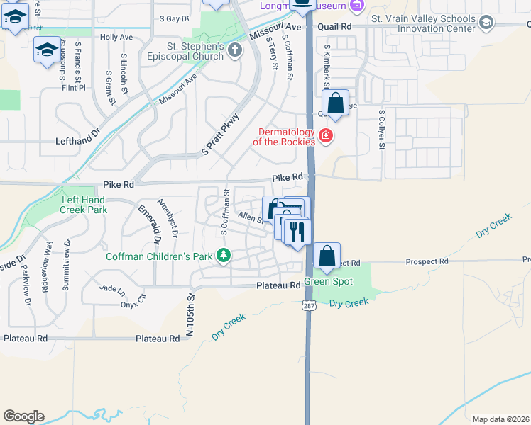 map of restaurants, bars, coffee shops, grocery stores, and more near 1903 Kristy Court in Longmont