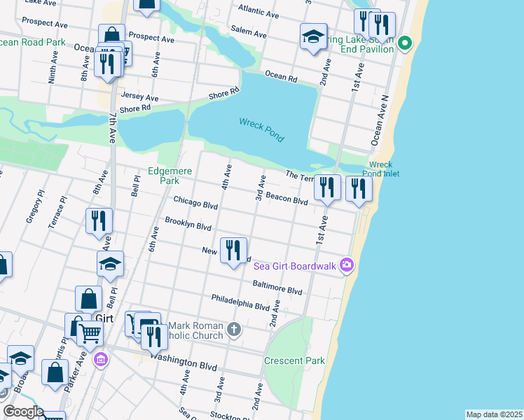 map of restaurants, bars, coffee shops, grocery stores, and more near 223 Chicago Boulevard in Sea Girt
