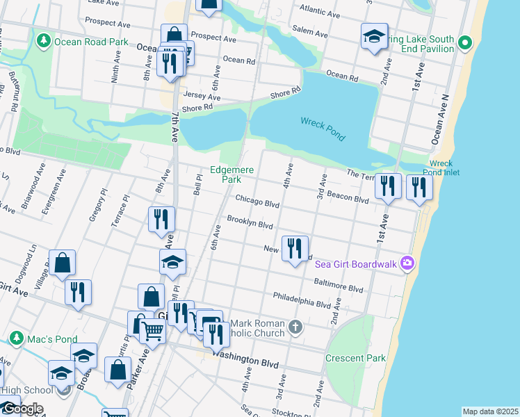 map of restaurants, bars, coffee shops, grocery stores, and more near 415 Chicago Boulevard in Sea Girt