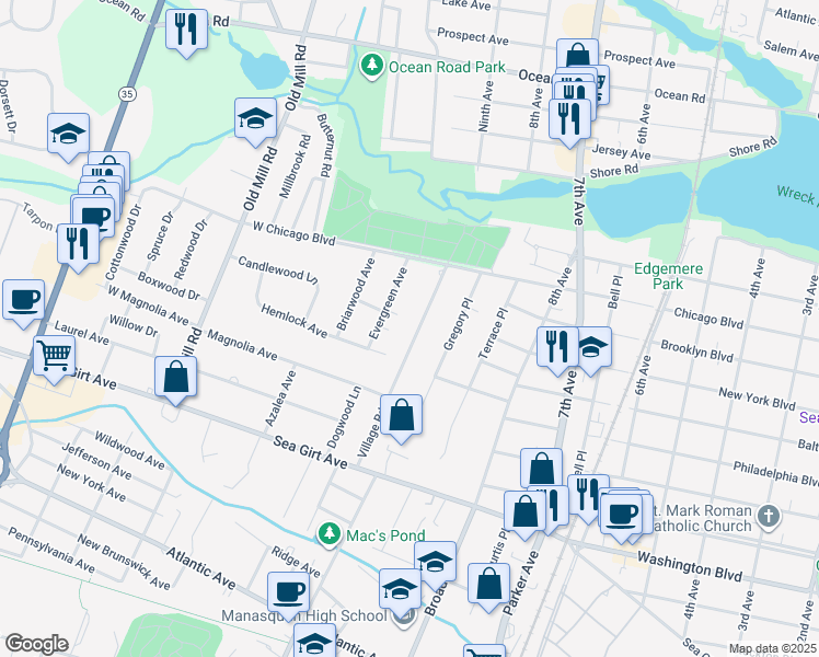 map of restaurants, bars, coffee shops, grocery stores, and more near 2159 Village Road in Sea Girt