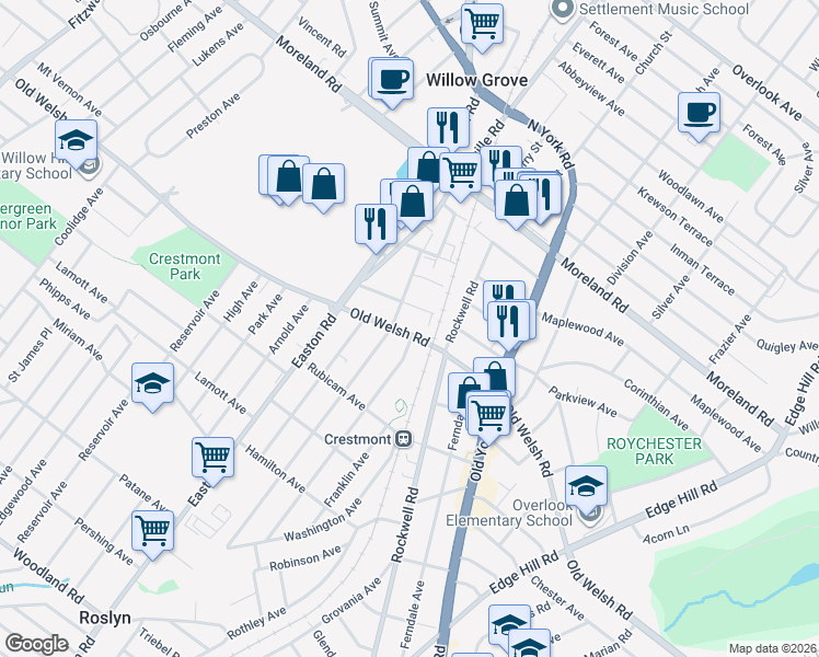 map of restaurants, bars, coffee shops, grocery stores, and more near 2241 Old Welsh Road in Willow Grove