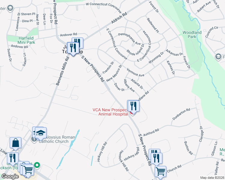 map of restaurants, bars, coffee shops, grocery stores, and more near 4 Dover Street in Jackson Township