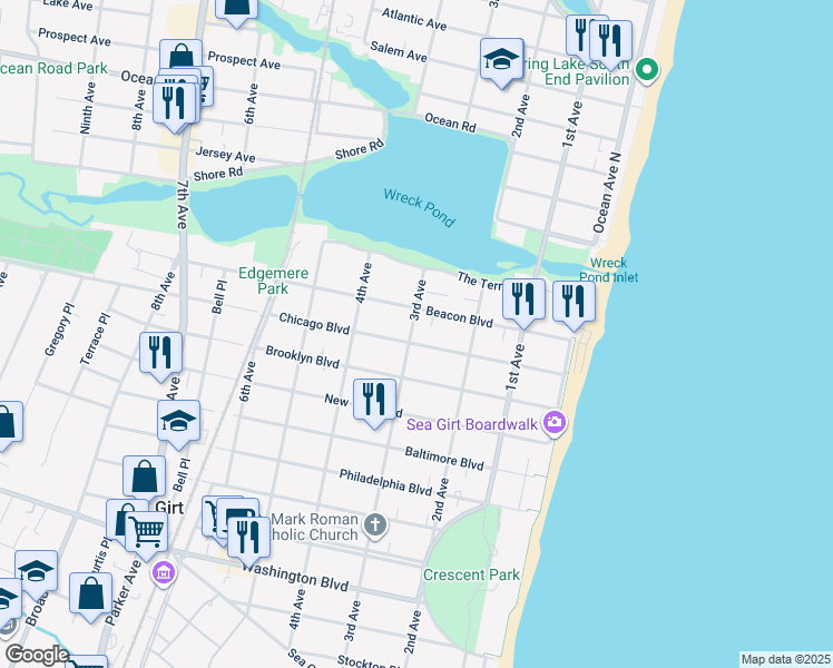 map of restaurants, bars, coffee shops, grocery stores, and more near 223 Chicago Boulevard in Sea Girt