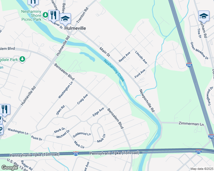 map of restaurants, bars, coffee shops, grocery stores, and more near 6418 Garrett Avenue in Bensalem