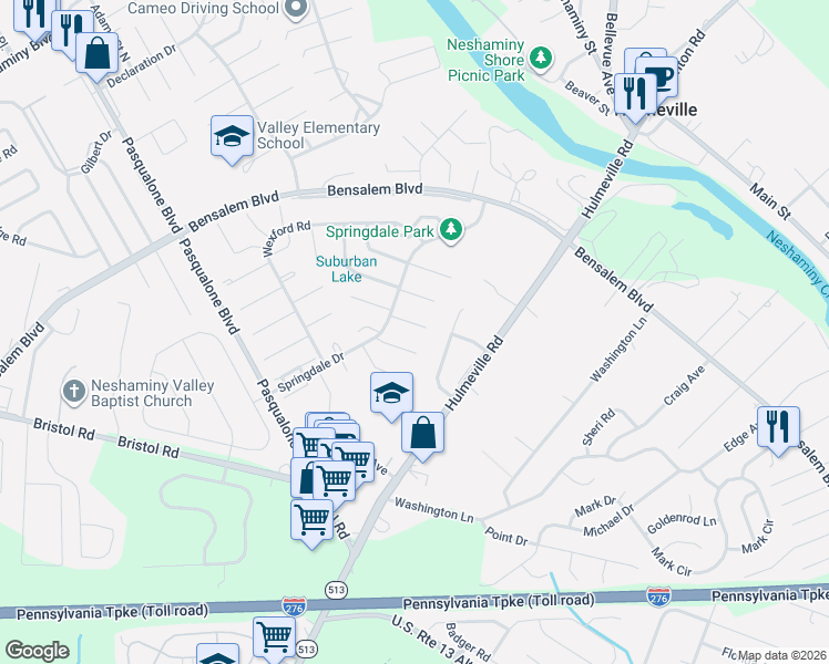 map of restaurants, bars, coffee shops, grocery stores, and more near 2467 Croydon Court in Bensalem