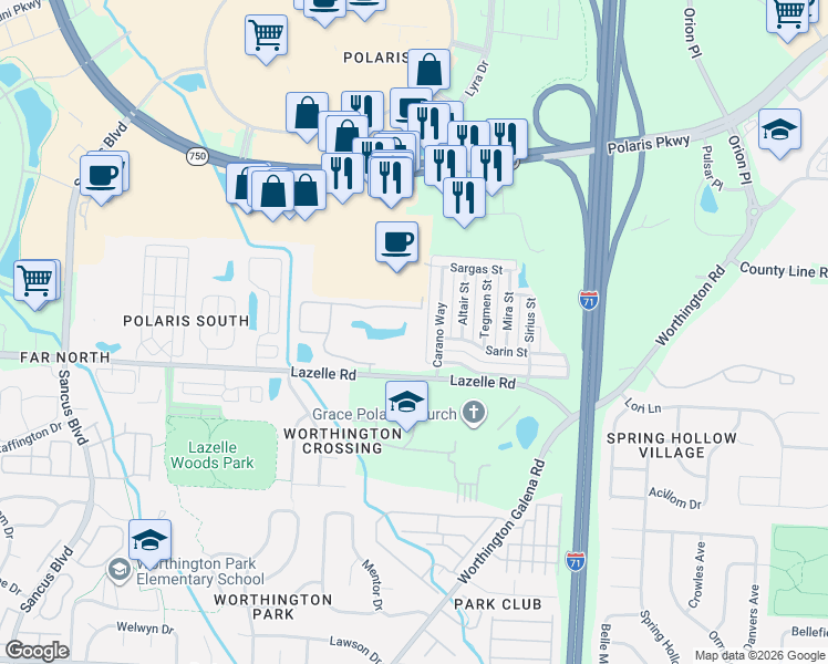 map of restaurants, bars, coffee shops, grocery stores, and more near 1610 Royal Gold Drive in Columbus