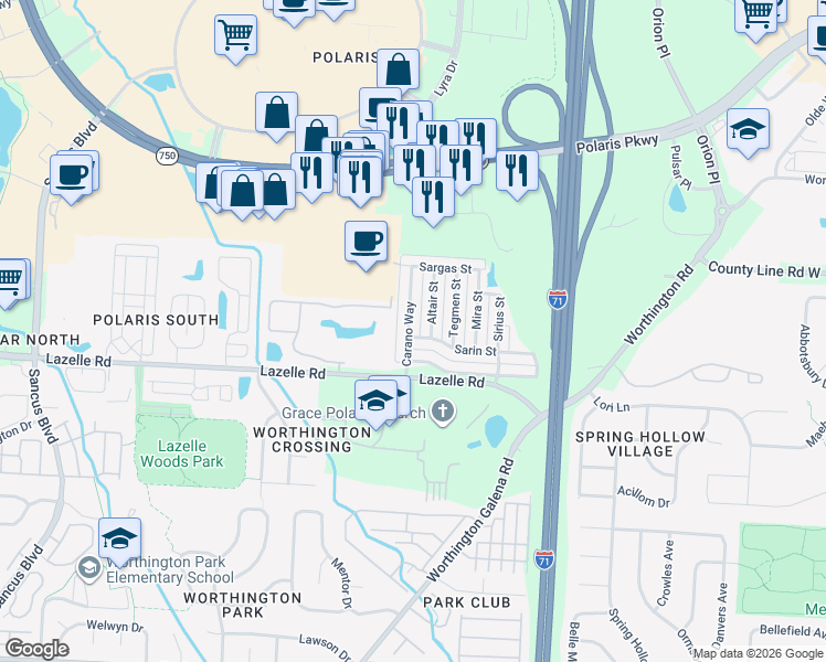 map of restaurants, bars, coffee shops, grocery stores, and more near 8256 Carano Way in Columbus