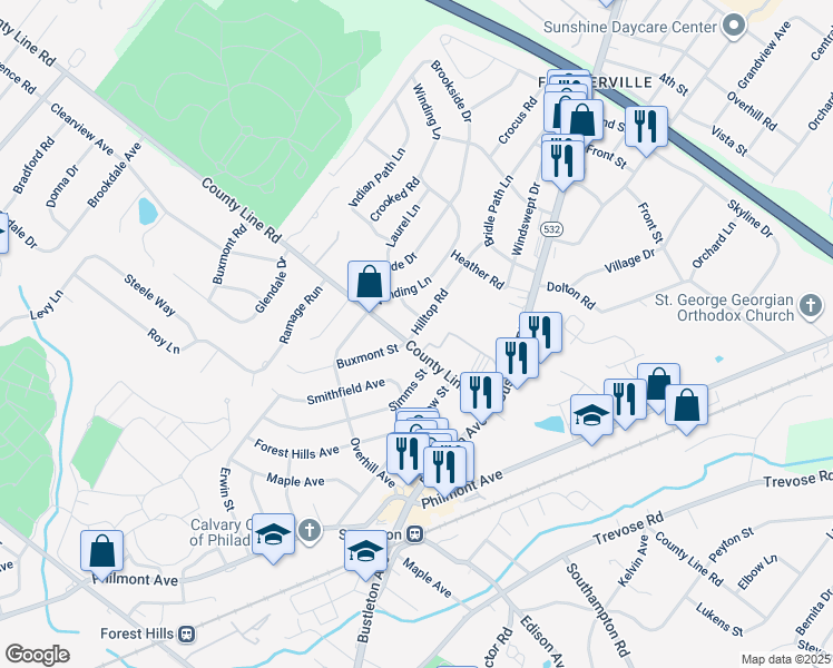 map of restaurants, bars, coffee shops, grocery stores, and more near 5 Hilltop Road in Feasterville-Trevose