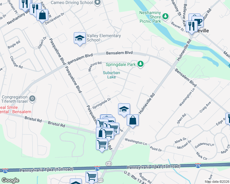 map of restaurants, bars, coffee shops, grocery stores, and more near 2505 Alexis Court in Bensalem