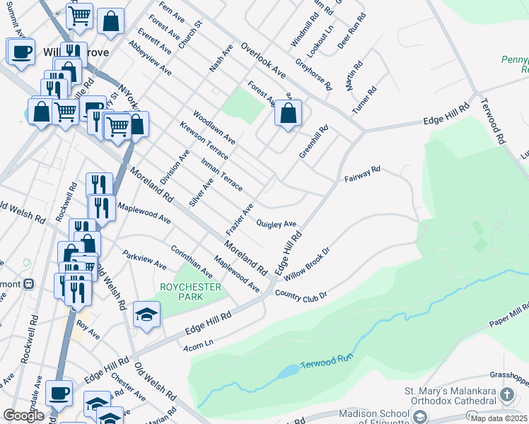 map of restaurants, bars, coffee shops, grocery stores, and more near 506 Inman Terrace in Willow Grove