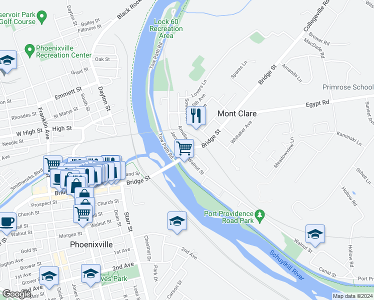 map of restaurants, bars, coffee shops, grocery stores, and more near 203 Bridge Street in Mont Clare