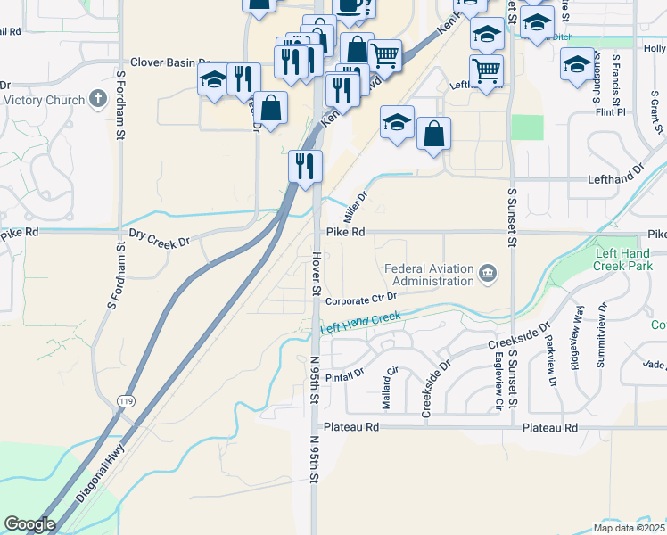 map of restaurants, bars, coffee shops, grocery stores, and more near 1850 South Hover Street in Longmont