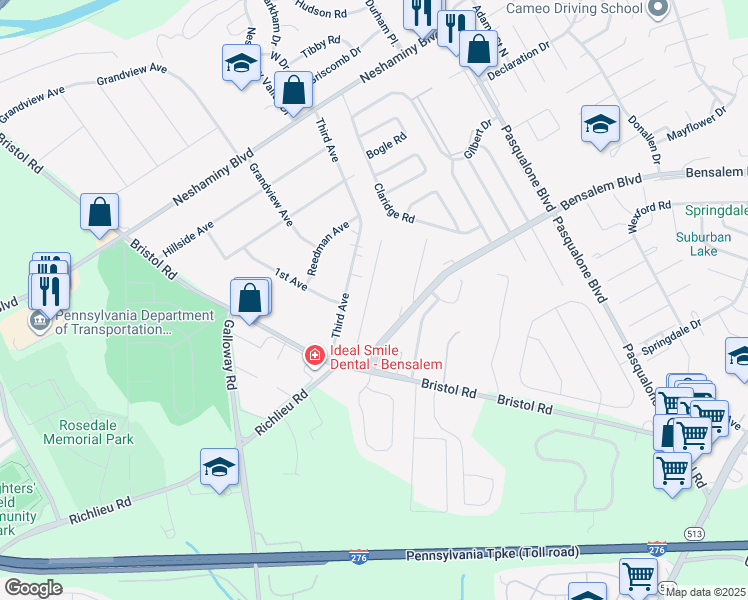 map of restaurants, bars, coffee shops, grocery stores, and more near 4800 Oxford Court in Bensalem