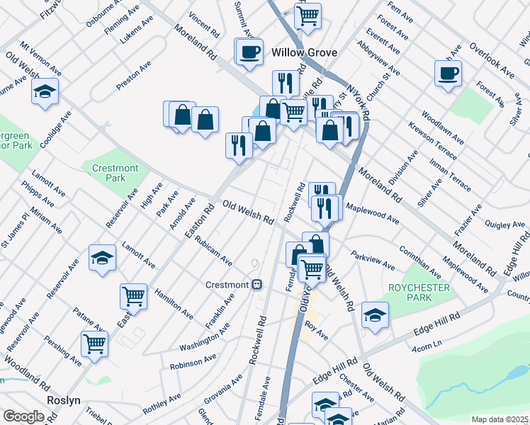 map of restaurants, bars, coffee shops, grocery stores, and more near 2241 Old Welsh Road in Willow Grove