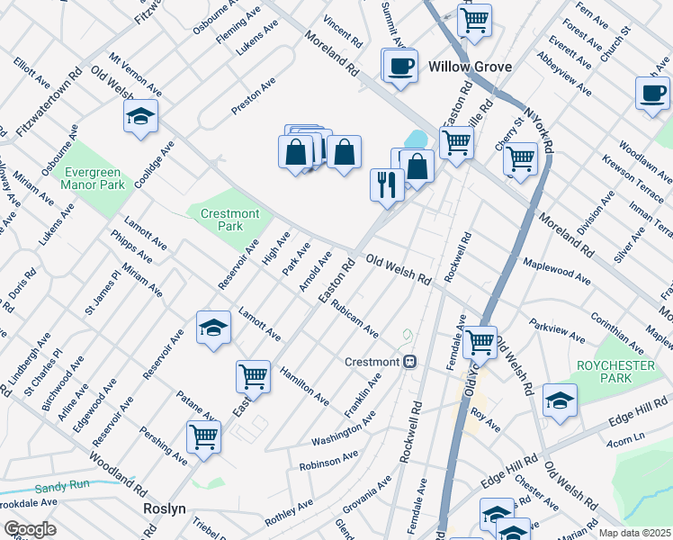 map of restaurants, bars, coffee shops, grocery stores, and more near in Willow Grove