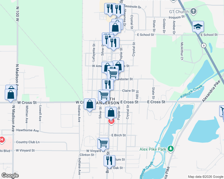 map of restaurants, bars, coffee shops, grocery stores, and more near 2118 Broadway Street in Anderson