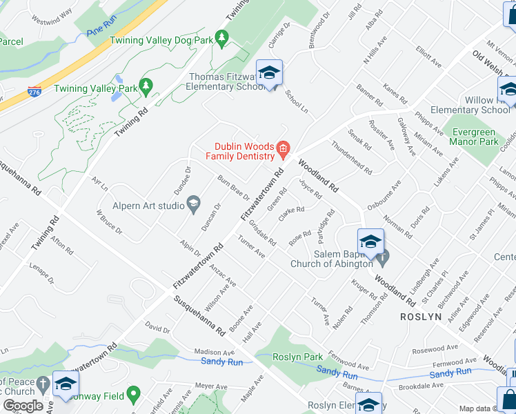 map of restaurants, bars, coffee shops, grocery stores, and more near 1317 Fitzwatertown Road in Abington