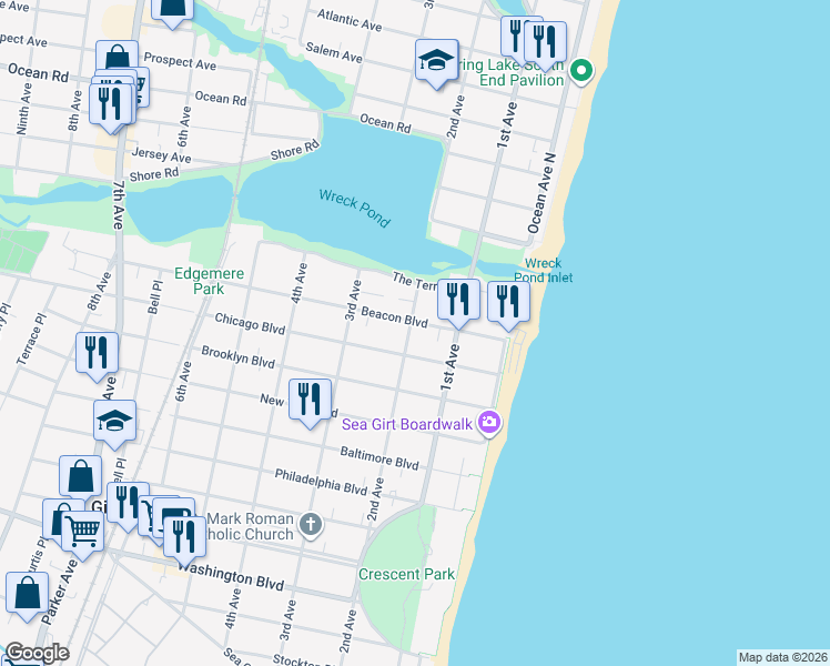 map of restaurants, bars, coffee shops, grocery stores, and more near 201 Beacon Boulevard in Sea Girt