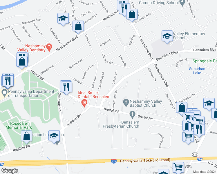 map of restaurants, bars, coffee shops, grocery stores, and more near 4710 Chelsea Court in Bensalem