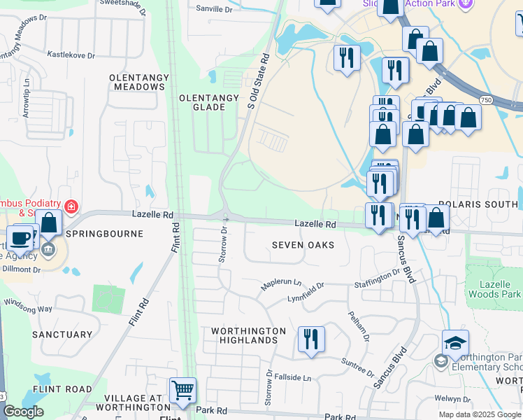 map of restaurants, bars, coffee shops, grocery stores, and more near 601 Flarestar Ave in Columbus