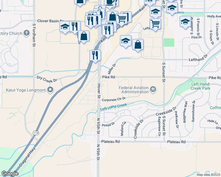 map of restaurants, bars, coffee shops, grocery stores, and more near 1855 Lefthand Creek Lane in Longmont