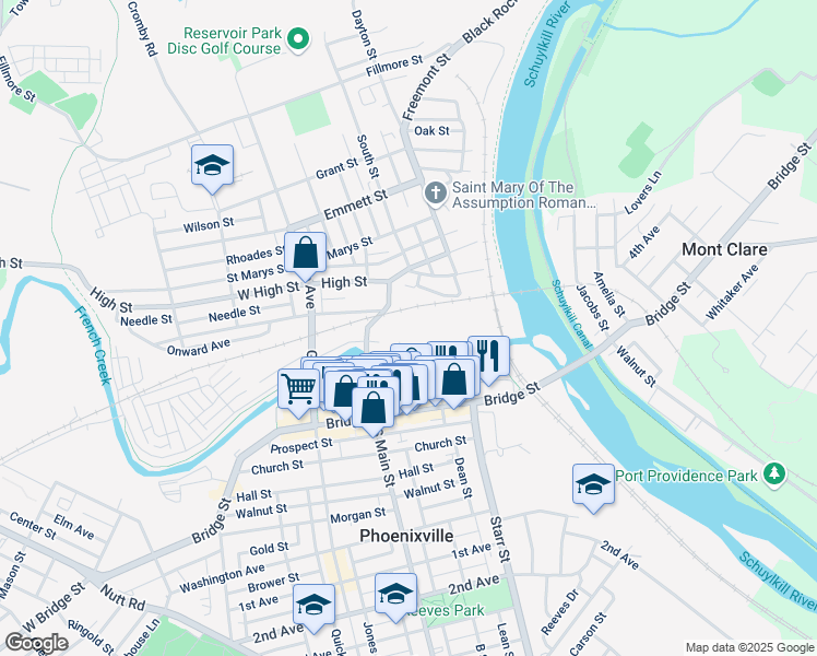 map of restaurants, bars, coffee shops, grocery stores, and more near 19 North Main Street in Phoenixville