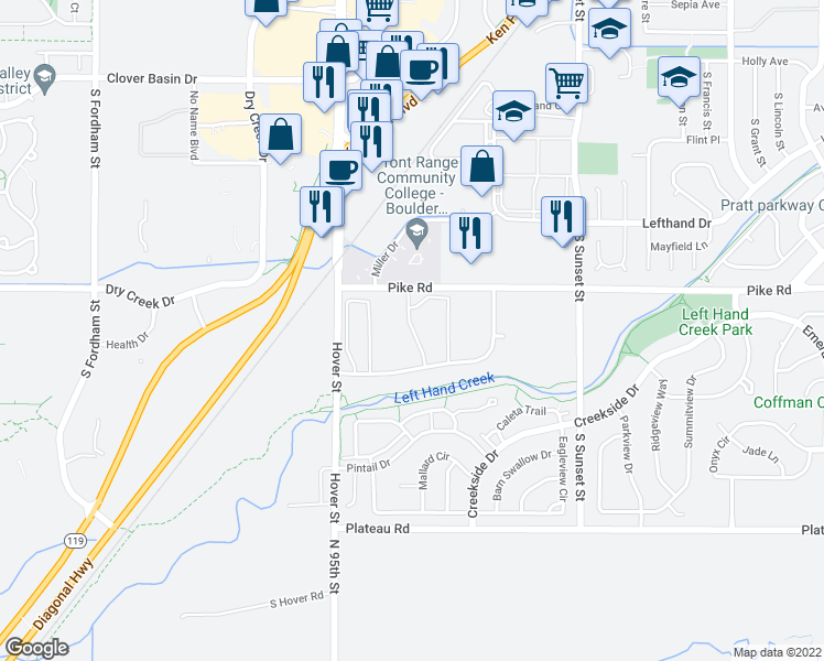 map of restaurants, bars, coffee shops, grocery stores, and more near Lefthand Creek Lane in Longmont