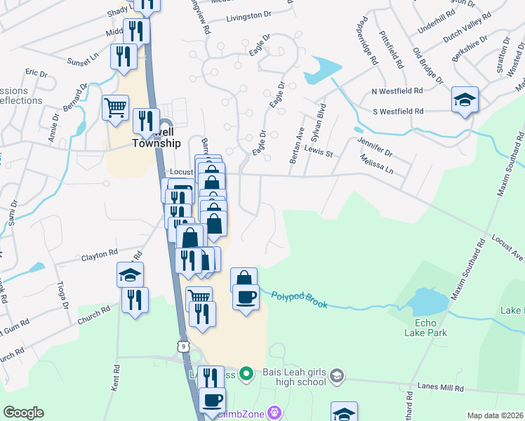 map of restaurants, bars, coffee shops, grocery stores, and more near 7 Thousand Oaks Terrace in Howell Township